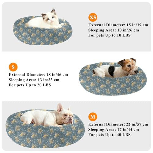 Pet Bed Santa Golden Bells Blue Cat Snuggler Soft Winter Cushion, Cozy Round Bolster Nest for Indoor Kittens & Small Pets 15" - size: X-Small