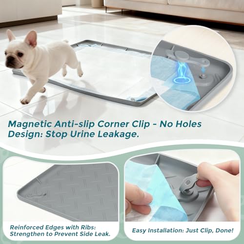 Pee Pad Holder for Dogs, 24" x 24" Non-Slip Silicone Puppy Pad Tray with 4 Magnetic Clips, Leak-Proof Raised Edge, Reusable Waterproof Puppy Training Mat for Indoor Floor Protection