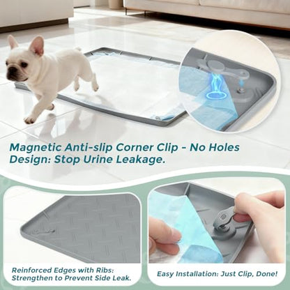 Pee Pad Holder for Dogs, 24" x 24" Non-Slip Silicone Puppy Pad Tray with 4 Magnetic Clips, Leak-Proof Raised Edge, Reusable Waterproof Puppy Training Mat for Indoor Floor Protection