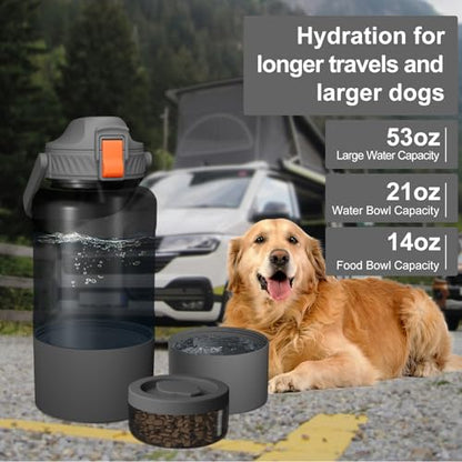 Cibaabo 53oz Large Dog Water Bottle with Water & Food Bowl, 3-in-1 Portable Pet Feeding & Hydration Dispenser for Large Dogs & Humans, Leak-Proof Tritan Bottle for Hiking, Camping, Walking, Car Trips - color: Pink