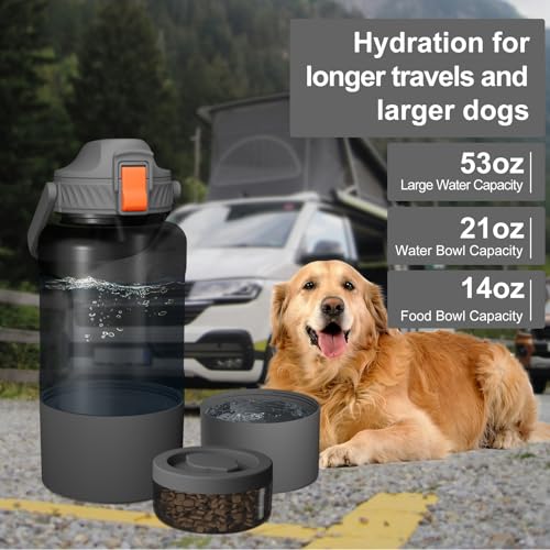 Cibaabo 53oz Large Dog Water Bottle with Water & Food Bowl, 3-in-1 Portable Pet Feeding & Hydration Dispenser for Large Dogs & Humans, Leak-Proof Tritan Bottle for Hiking, Camping, Walking, Car Trips - color: Gray