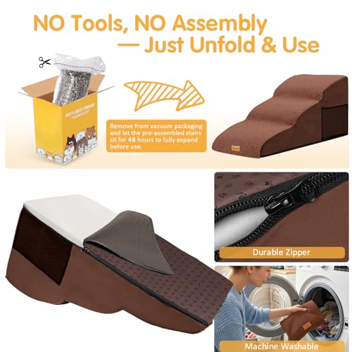 Topmart High Density Extended Foam Dog Ramp&Steps 3 Tiers,15.7" High | Non-Slip Dog Stairs with Removable Cover,Soft Foam Pet Ladder,Best for Injured,Older Cats,Pets with Joint Pain - color: Brown, size: 33.1*15.7*15.7