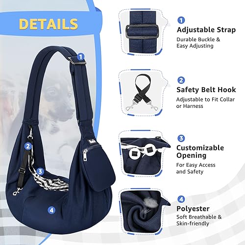 SlowTon Dog Carrier Sling - Thick Padded Shoulder Strap Adjustable Dog Carriers for Small Dogs, Puppy Carrier Purse for Pet Cat with Front Zipper Pocket Safety Belt Machine Washable (DBL, M) - color: F-Navy Knitted Fabric