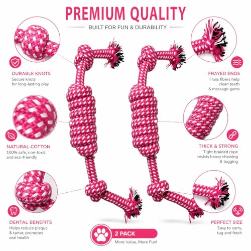 Cotton Rope Dog Toy/Tug of War Chew Toys with Knots/Teeth Cleaning Toy for Puppies and Small -Extra Small Dogs/Pet Fetch Training Toy/Doggie Rope Toys - color: Pink