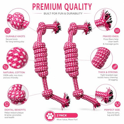 Cotton Rope Dog Toy/Tug of War Chew Toys with Knots/Teeth Cleaning Toy for Puppies and Small -Extra Small Dogs/Pet Fetch Training Toy/Doggie Rope Toys - color: Pink