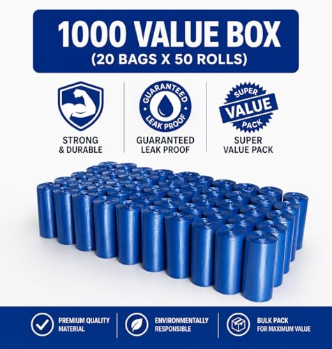 EZ Pick Up 1000 Ct Dog Waste Bags Blue 50 Rolls 1000 Poop Pet Disposal Bag | leak proof, extra large, heavy duty, puppy training, refill bags, 9"x12", poo bag, poopy clean up