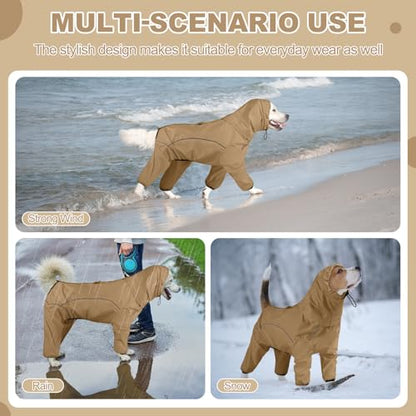 Dog Raincoat, Waterproof Dog Rain Jacket with Removable Hood，Adjustable 4 Legs Pet Poncho with Leash Hole，Reflective Stripe Hooded Snowproof Windproof Clothes for Small to 3X-Large Dogs, 2XL - color: KhakiGreen, size: XXL