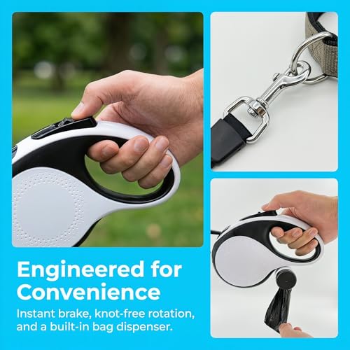 Retractable Dog Leash 16ft for Medium Dogs up to 66lbs — Durable Nylon Tape Leash with 360° Tangle-Free, One-Handed Brake & Lock, with Poop Bag Dispenser, Anti-Slip ABS Handle (White)