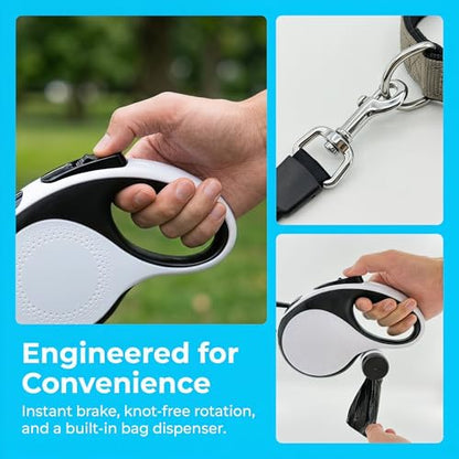 Retractable Dog Leash 16ft for Medium Dogs up to 66lbs — Durable Nylon Tape Leash with 360° Tangle-Free, One-Handed Brake & Lock, with Poop Bag Dispenser, Anti-Slip ABS Handle (White)