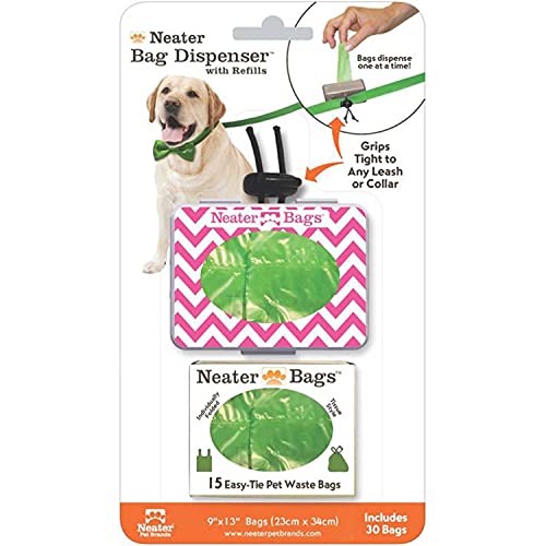 Neater Pet Brands Neater Bags Dog Waste Bag, No Rolls - Dog Poop Bags Dispense One at a Time, Doggie Poop Bag with Easy-Tie Handles, Dispenser Attaches to Any Leash (210 Count, Pink Chevron) - size: 210 Bags + Pink Dispenser