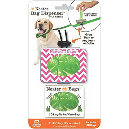 Neater Pet Brands Neater Bags Dog Waste Bag, No Rolls - Dog Poop Bags Dispense One at a Time, Doggie Poop Bag with Easy-Tie Handles, Dispenser Attaches to Any Leash (210 Count, Pink Chevron) - size: 210 Bags + Pink Dispenser