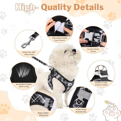 Gyuzh Cat Harness and Leash Set for Puppies - 3 Piece Step in No Pull Vest & Collar, Extra Small Kitten Harness, Breathable Reflective Plaid, Padded Leash (Black, S) - color: Black, size: S