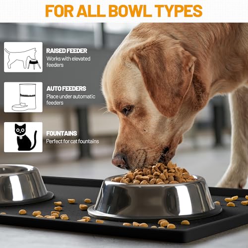 Hubulk Dog Feeding Mat,100% Waterproof Food Grade Silicone Pet Food and Water Bowl Placemat,Dishwasher, High Raised Edge to Prevent Spills,Nonslip Tray to Stop Messes on Floor (24"x16"x0.5", Black) - color: Black, size: 24"l X 16"w