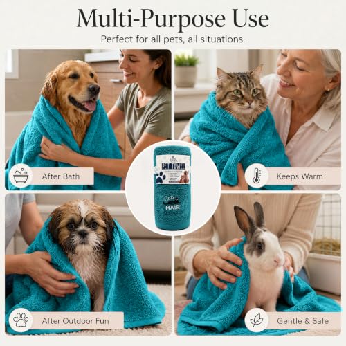 DAN RIVER Dog Towel - Pack of 1, 100% Cotton, 20x40, Ultra Soft 450 GSM, Super Absorbent & Quick Drying Towel for Dogs, Cats, and Other Pets, Teal. - color: Teal-cat Hair