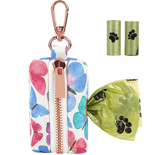 ARING PET Dog Waste Bag Dispenser, Cotton Doggy Poop Bags Holders Attach to Any Leashes, Portable Washable Butterfly Pattern Pet Waste Pouch Dispenser with Metal Zipper - color: B:Butterfly