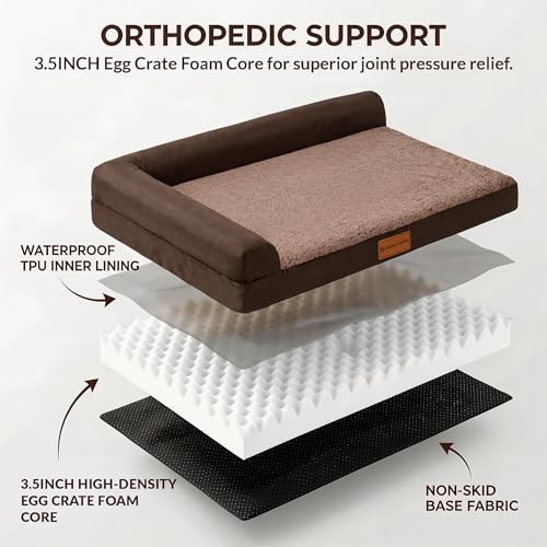 Patas Lague Orthopedic Dog Bed Medium Size Dog 30''X20'', Waterproof L Bolster Medium Pet Sofa Beds with Removable Washable Cover, Soft Pet Couch Crate Mat with Nonskid Bottom, Brown - color: Brown, size: 30"L x 20"W x 3.5"Th