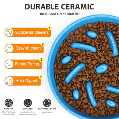 Ceramic Slow Feeder Dog Bowl, 2 Cups Dog Food Bowls for Small, Medium, and Large Breed, Anti-Slip Puzzle Food Dish to Slow Down Eating (Blue, 2 Cups) - color: Maze - Blue