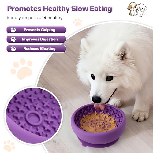 Dog Lick Bowl Slow Feeder with Slanted Anti-Spill Design, Extra-Thick Bite-Resistant Rim, Strong Suction Base, Freezer Safe for Frozen Treats — A Cleaner Alternative to Lick Mats for Dogs (Purple) - color: Purple
