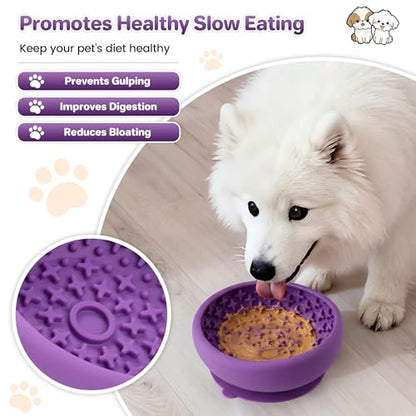 Dog Lick Bowl Slow Feeder with Slanted Anti-Spill Design, Extra-Thick Bite-Resistant Rim, Strong Suction Base, Freezer Safe for Frozen Treats — A Cleaner Alternative to Lick Mats for Dogs (Purple) - color: Purple