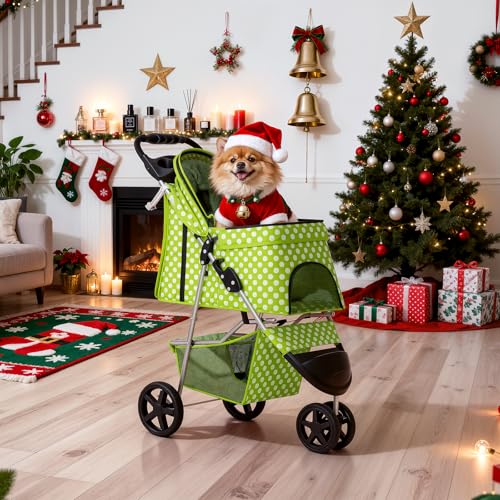 MoNiBloom 3 Wheels Pet Dog Cat Stroller for Small Medium Dogs Cats, Foldable Jogger Stroller w/Storage Basket and Cup Holder, Lawn Green Polka Dots - color: Lawn Green Polka Dots