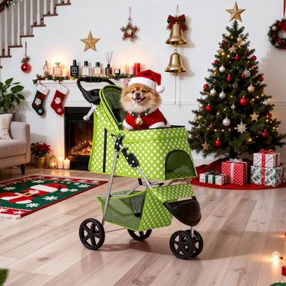 MoNiBloom 3 Wheels Pet Dog Cat Stroller for Small Medium Dogs Cats, Foldable Jogger Stroller w/Storage Basket and Cup Holder, Lawn Green Polka Dots - color: Lawn Green Polka Dots
