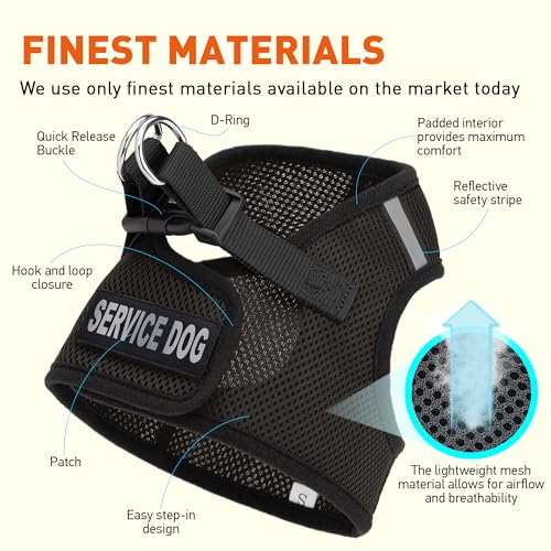 Dogline Boston Step in Mesh Dog Harness with Service Dog Patch No Choke Pet Vest Soft Gentle Padded Chest Halter for Puppies Small Medium and Large Dogs 22 to 25 inches Girth Black - color: Black, size: Girth 22 to 25"