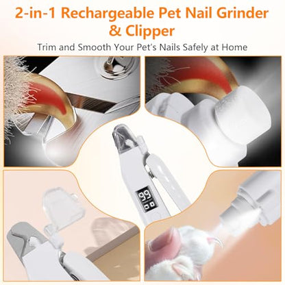 2-in-1Dog Nail Clippers & Dog Nail Grinder,Dog Nail Trimmers with LED Lights,USB Rechargeable,Quick Sensor and Splash Guard,Cat Nail Clippers Trimmers for Small,Medium,and Large Dogs & Cats