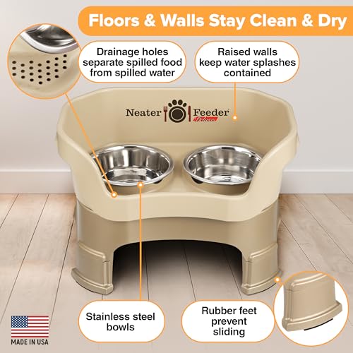 Neater Feeder Deluxe Mess Proof Dog Bowls Elevated for Medium Sized Breeds – Made in USA – No Spill Raised Slow Feeder Elevated Dog Bowl Stand, Stainless Steel Food and Water Bowl Set, Cappuccino - color: Cappuccino, size: Medium with Slow Feed Bowl