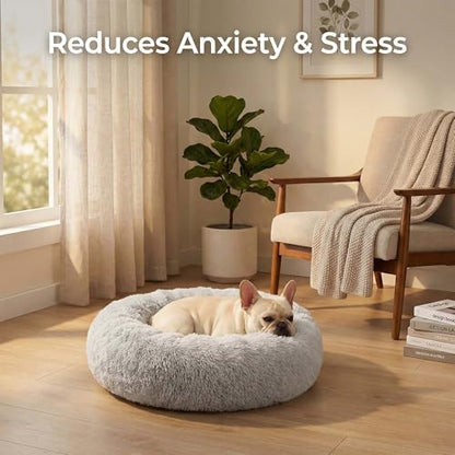 Cozy Plush Calming Dog & Cat Bed – Anti-Anxiety, Washable Round Donut Bed for Small & Medium Pets – Soft, Fluffy, Vacuum Packed (Gray, M) - size: M