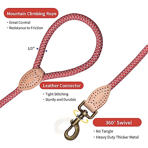 Mile High Life Dog Leash, Rope Leash with Genuine Leather Connection and Heavy Duty Metal Clasp, Great for Small Medium Large Dogs(Red,48 Inch) - color: Rope Handle-Red, size: 48 Inch-1/2"