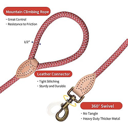 Mile High Life Dog Leash, Rope Leash with Genuine Leather Connection and Heavy Duty Metal Clasp, Great for Small Medium Large Dogs(Red,48 Inch) - color: Rope Handle-Red, size: 48 Inch-1/2"