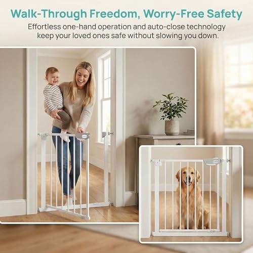 Safety Gate for Stairs & Doorways, Auto-Close Baby Gate or Dog Gate – Pressure Mount No Drilling, 30" Tall All Metal Frame with Dual Locking System (White, 30" Tall 29"-33" Wide) - size: 30"Tall 29"-33" Wide