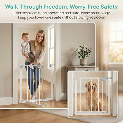 Safety Gate for Stairs & Doorways, Auto-Close Baby Gate or Dog Gate – Pressure Mount No Drilling, 30" Tall All Metal Frame with Dual Locking System (White, 30" Tall 29"-33" Wide) - size: 30"Tall 29"-33" Wide
