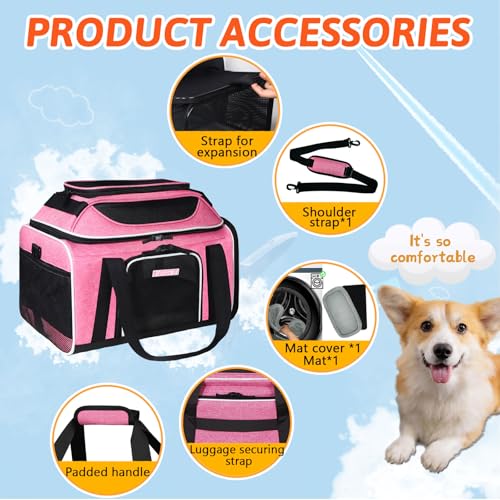 Petskd Top and Side Expandable Pet Carrier 17x11x9.5 Inches Alaska Airline Approved, Soft-Sided Carrier for Small Cats and Dogs with Locking Safety Zippers and Anti-Scratch Mesh(Pink) - color: Pink, size: 17.0"L x 11.0"W x 9.5"H
