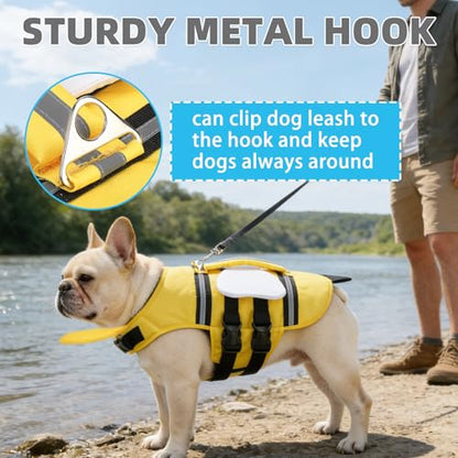 KOOLTAIL Dog Life Jacket, Cute Bee Front Float Dog Life Vest for Swimming Boating, Reflective Pet Lifesaver Swimsuit with Rescue Handle and Chin Float, Super Buoyancy for Puppy Small Medium Dogs, S