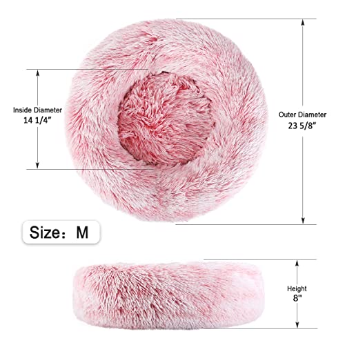 NOYAL Calming Donut Dog Bed for Small to Medium Dogs & Cats - Plush Faux Fur Anti-Anxiety Pet Bed with Machine Washable Cover & Non-Slip Base - color: Gradient Pink, size: Medium 23.6''