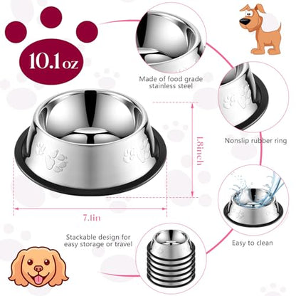 Tanlade 8 Pack Stainless Steel Dog Bowls Metal with Rubber Base Non-Slip Pets Puppy Cats Feeding Food and Water Bowls Dishwasher-Safe for Indoor Small Medium Large Dogs Cats Kitten Rabbit(10.1 oz) - size: 10.1 oz