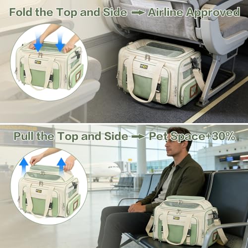 18x11x11 Small Cat/Dog/Pet Carrier – Airline Approved, Collapsible with Expandable Top and Sides. Soft-Sided Travel Puppy Carry Bag, Small Animal Rabbit Kennel Carrying Case, Kitten Mesh Cage - color: Beige