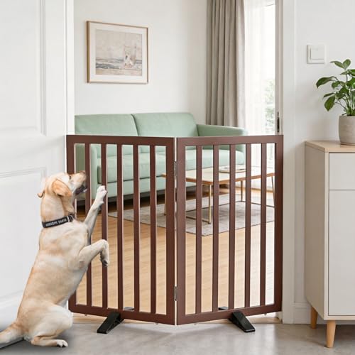 ZJSF Freestanding Indoor Dog Gate for House Foldable Wood Puppy Gate for Doorways Pet Gate for Stairs Extra Wide Pet Fence, Brown, 32" Height 2 Panels - color: Brown, size: 【2 Panels】40''w x 32''h