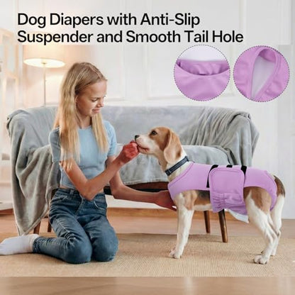 Lelepet Reusable Dog Diapers Female Large, Dog Period Panties, Washable Belly Band Dog with Suspenders, Dog in Heat Diaper, Soft Adjustable Doggie Onsie with Hole Tail, Purple, L - color: Purple, size: L
