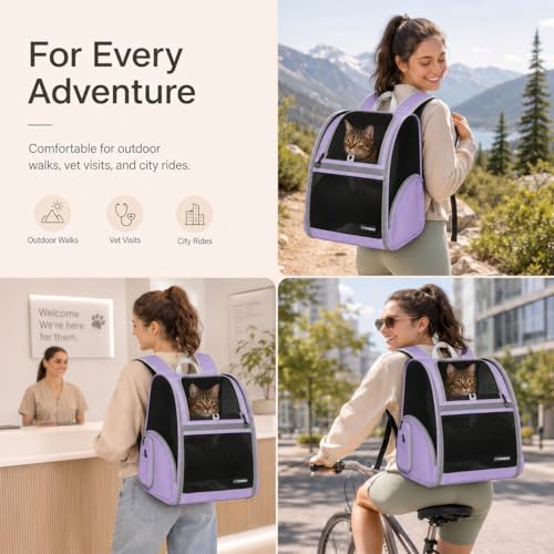 Cat Backpack Carrier for Small Dogs and Medium cat Puppy Kitten Bunny Pet Carrier Backpack Collapsible with Fully Ventilated Mesh with Safety Leash (Purple, 12.9" L x 10.62" W x 15.5" H - M) - color: Purple, size: Medium
