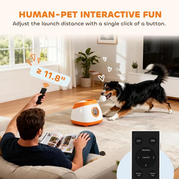 Automatic Dog Ball Launcher for Medium to Large Dogs, 3 Distance Settings & Random Mode, 5200mAh Battery, 98ft Remote Control, Includes 6 ETPU Balls, Orange White