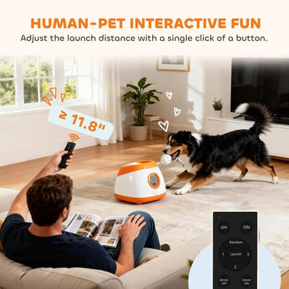 Automatic Dog Ball Launcher for Medium to Large Dogs, 3 Distance Settings & Random Mode, 5200mAh Battery, 98ft Remote Control, Includes 6 ETPU Balls, Orange White