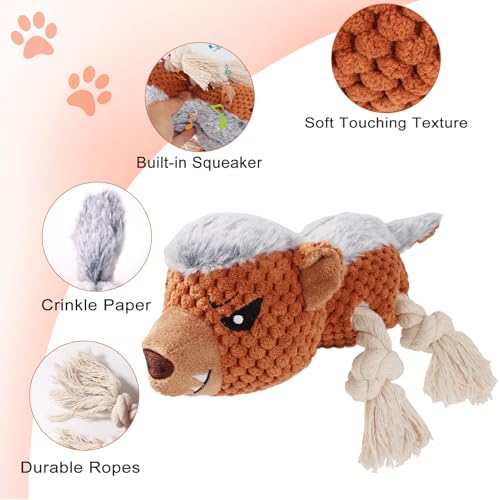 Letsmeet Dog Toys - Squeaky Interactive Plush Dog Toy with Rope, Chew Toy for Large Dogs, Small Dogs & Puppies - Tug of War Dog Toy for Aggressive Chewers, Pet Toys for Dogs - color: brown4