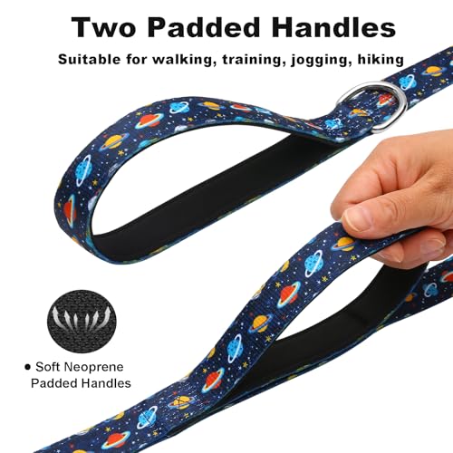 5ft Dog Leash with Two Padded Handles, Heavy Duty Strong Nylon Pet Leash with Soft Neoprene Handle for Small Medium Large Dogs, Blue Space - color: Blue Space, size: 1 in x 5 ft
