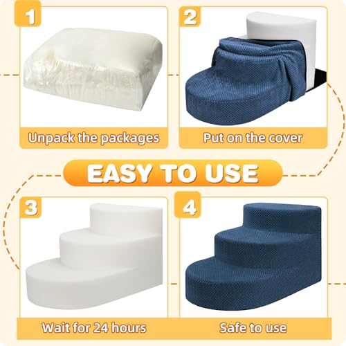 Dog Stairs 3 Steps Foam Pet Ramp for Small Dogs Cats, Navy Blue | Non-slip foam stairs with washable cover, ideal for beds & sofas. Sturdy, safe & easy to clean. - color: Navy blue-3-Step