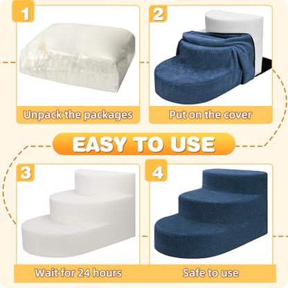 Dog Stairs 3 Steps Foam Pet Ramp for Small Dogs Cats, Navy Blue | Non-slip foam stairs with washable cover, ideal for beds & sofas. Sturdy, safe & easy to clean. - color: Navy blue-3-Step