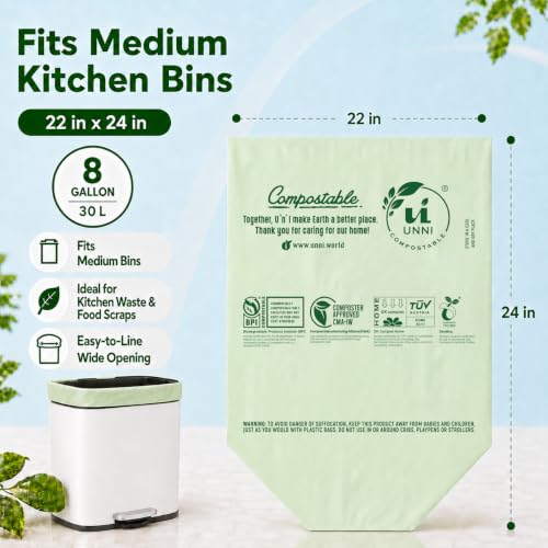 UNNI Compostable Trash Bags, 8 Gallon / 30 Liter, 50 Count, Extra Thick 0.85 mil Medium Kitchen Food Scrap Bin Liners, Certified by BPI, CMA & OK compost HOME, Meets the ASTM D6400 Standard - size: 50 Count (Pack of 1), style: 8 Gallon