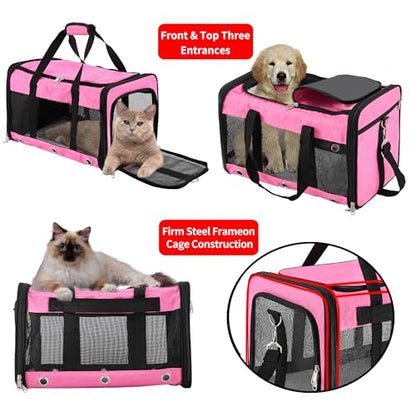 Soft Sided Cat/Dog Carrier,Collapsible Pets Travel Carriers for Pet/Puppy with Shoulder Strap & Removable Mat,Mesh Top Load Small Dogs/Cats Carry Bag Up to 25 Lbs（Pink,L） - size: L Pink