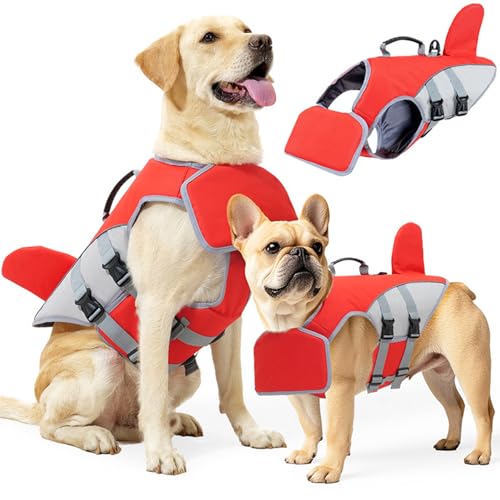 BAMY Shark Dog Life Jacket with Chin Float Pet Swimming Vest with Rescue Handle Large Dogs Safety Lifesaver Life Vest for Small Medium Large Dogs (Red, M) - color: Red, size: M